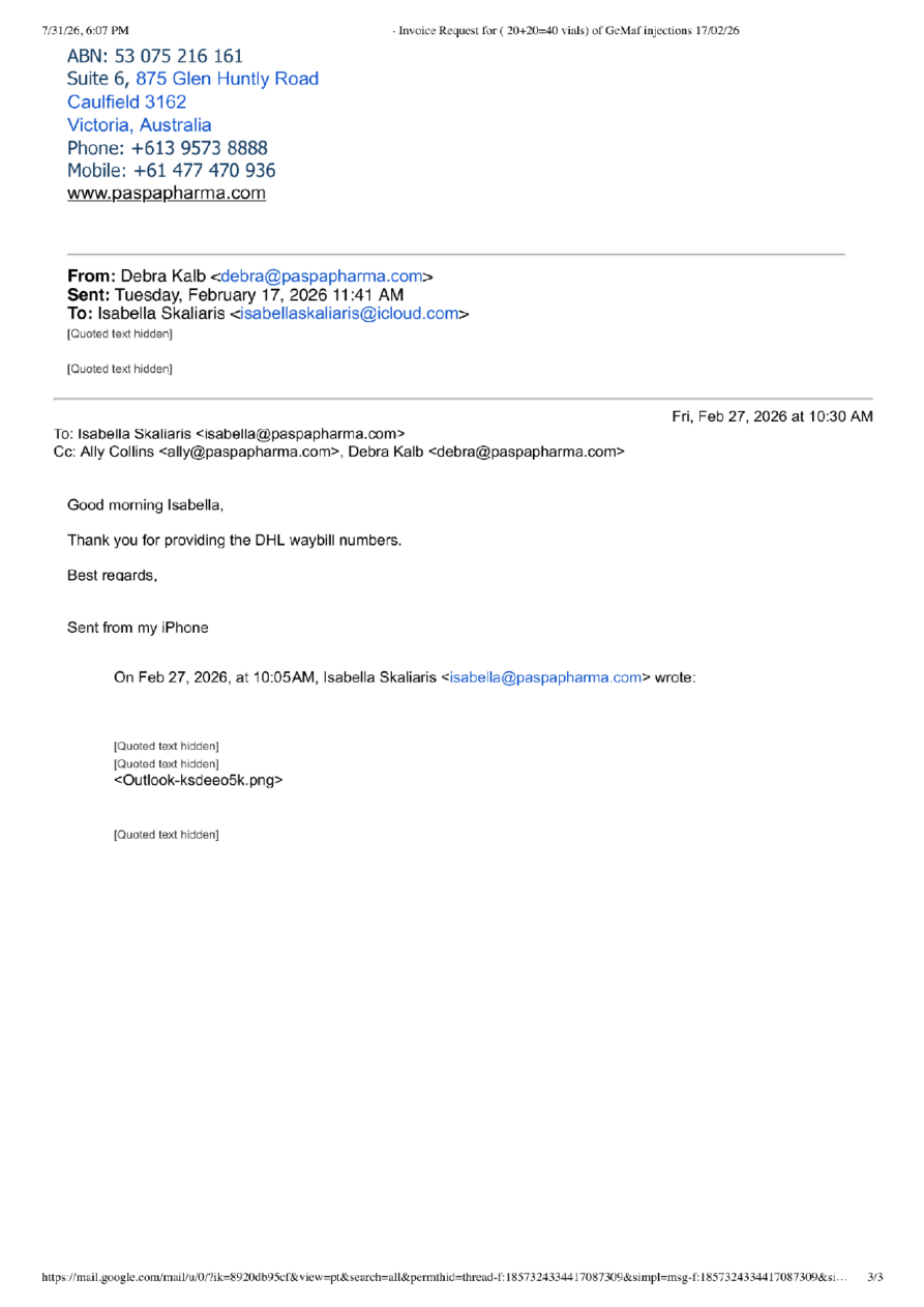 Full supplied email conversation, page 3 of 3, existing white redactions retained