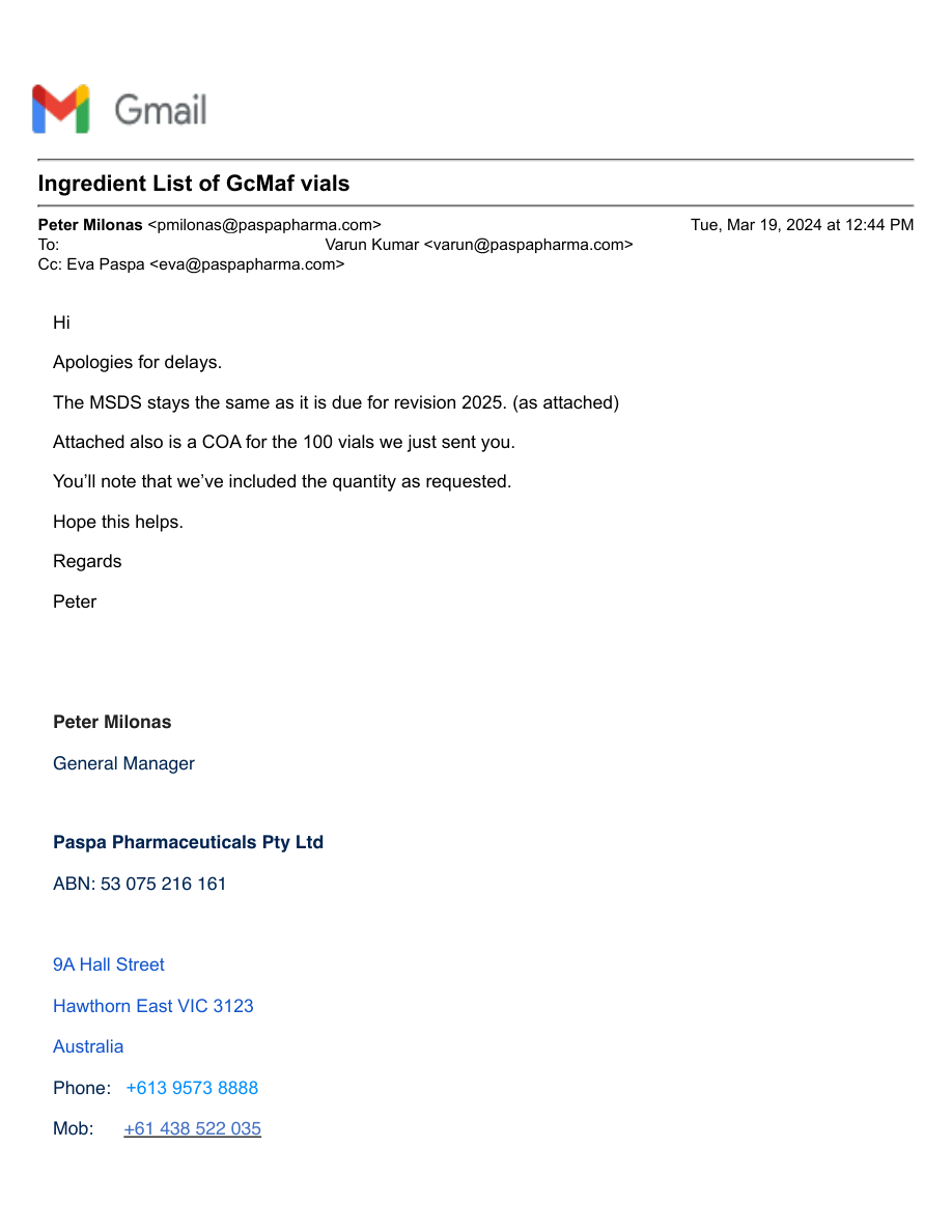 GcMAF ingredient email conversation page 1 of 3; existing redactions retained