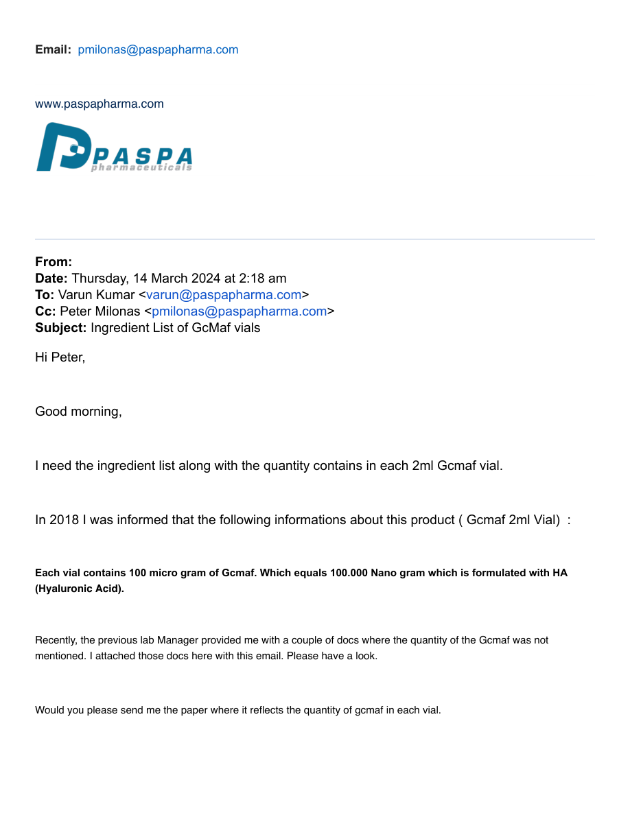 GcMAF ingredient email conversation page 2 of 3; existing redactions retained