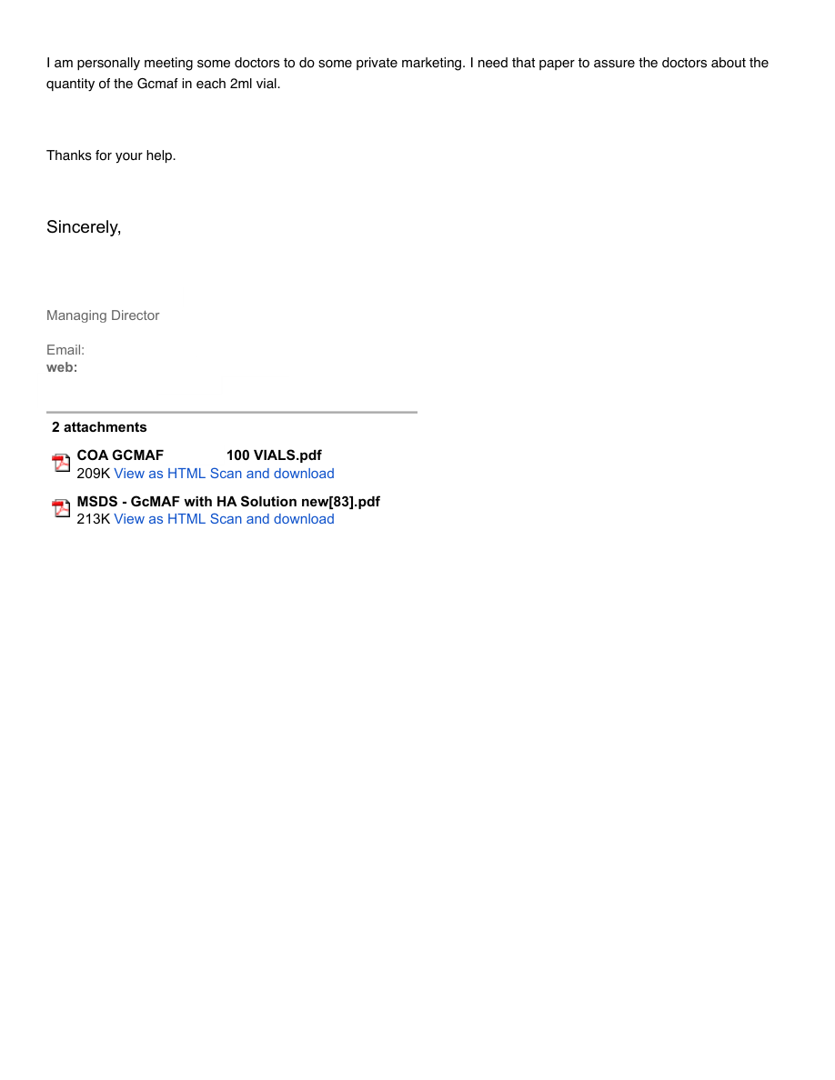 GcMAF ingredient email conversation page 3 of 3; existing redactions retained