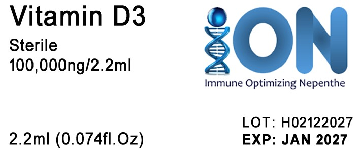 Supplied iON label showing Vitamin D3, Sterile, 100,000 ng per 2.2 ml, lot H02122027 and expiry JAN 2027