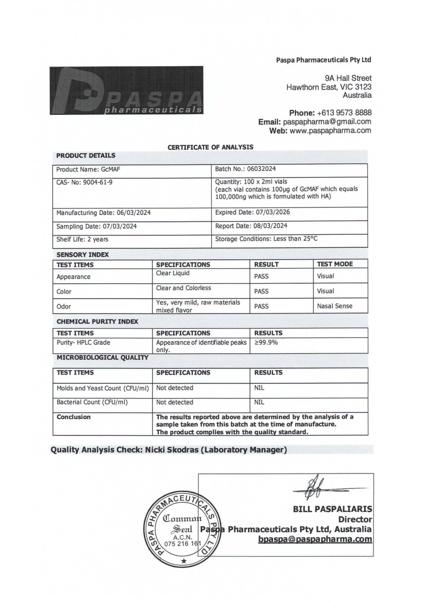 Full supplied one-page PASPA Certificate of Analysis for GcMAF, batch 06032024, 100 x 2 ml vials