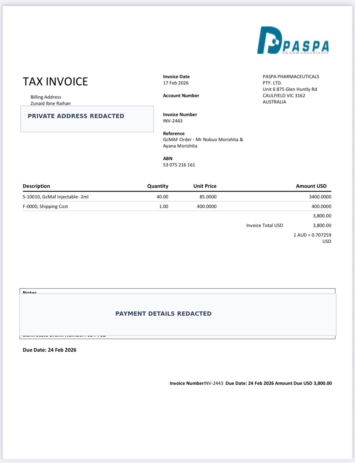 Redacted PASPA invoice INV-2443 showing a GcMAF order reference and 40 GcMaf Injectable 2ml units